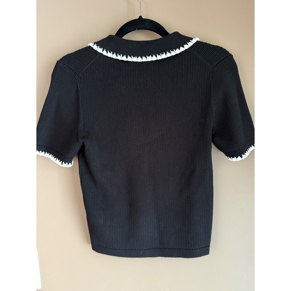 Caroline Constas Black Ribbed Knit Polo Top‎ White Ric Rac Trim Short Sleeve S - Picture 5 of 6